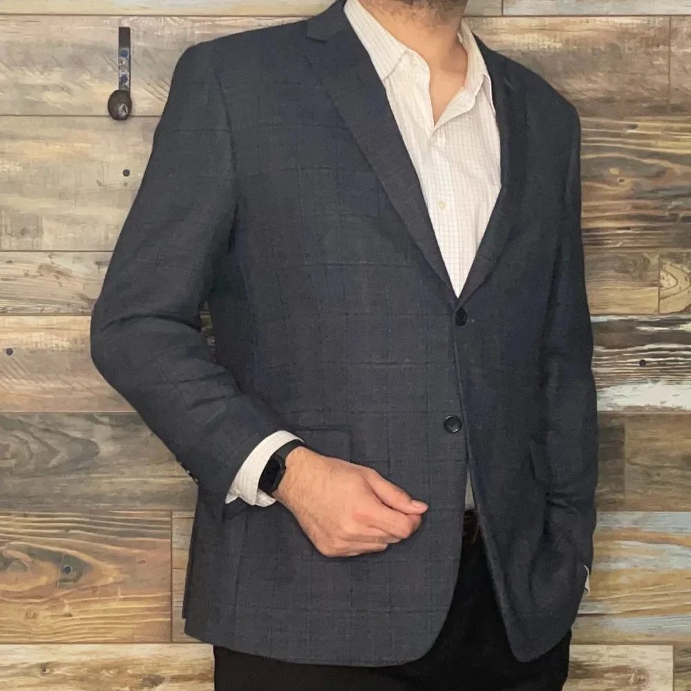 Pronto Uomo Platinum 100% Wool Blue Check Double Vented Blazer Sport Jacket 46R